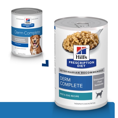 Derm Complete Rice & Egg Recipe Wet Dog Food Marketing Claim