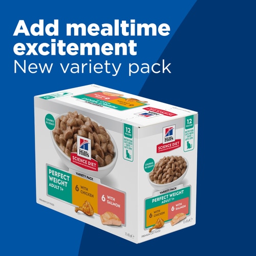 Adult Perfect Weight Variety Pack (Chicken & Salmon) Wet Cat Food Marketing Claim