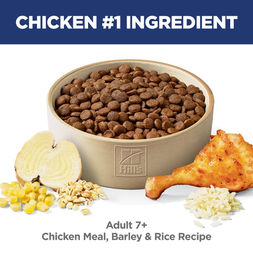 Adult 7+ Chicken Meal, Barley & Rice Recipe Dog Food Food Shot Scale